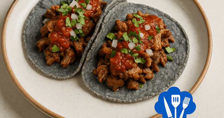 Tacos de suadero en tortilla de maíz azul con salsa tatemada