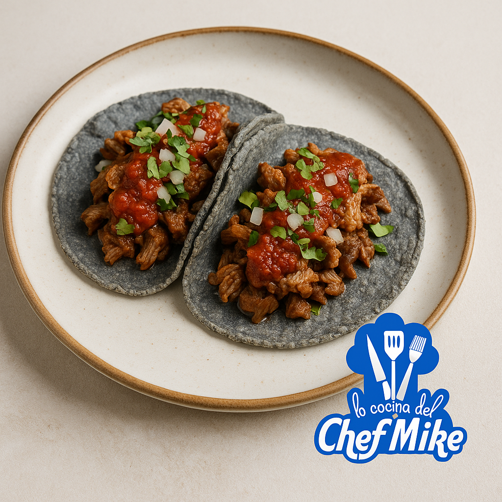 Tacos de suadero en tortilla de maíz azul con salsa tatemada