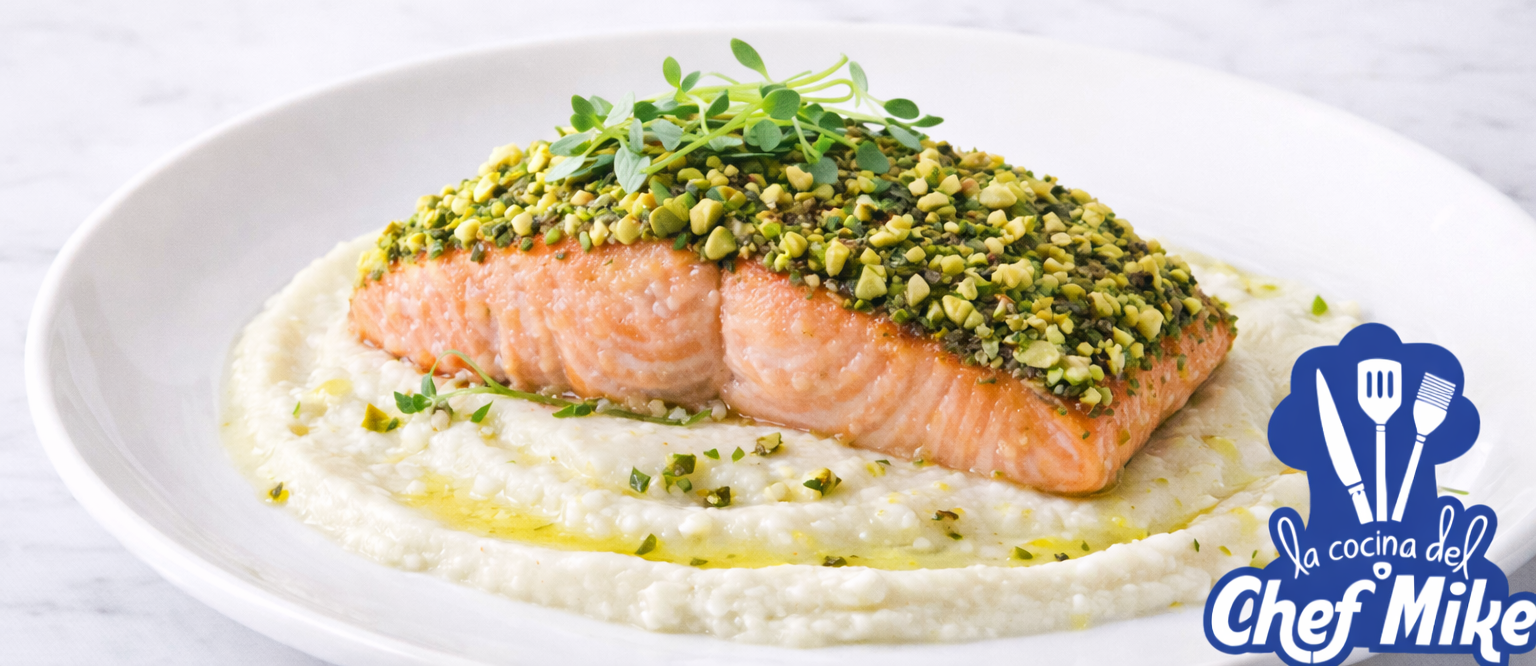 Salmón en Costra de Pistache con Puré de Coliflor